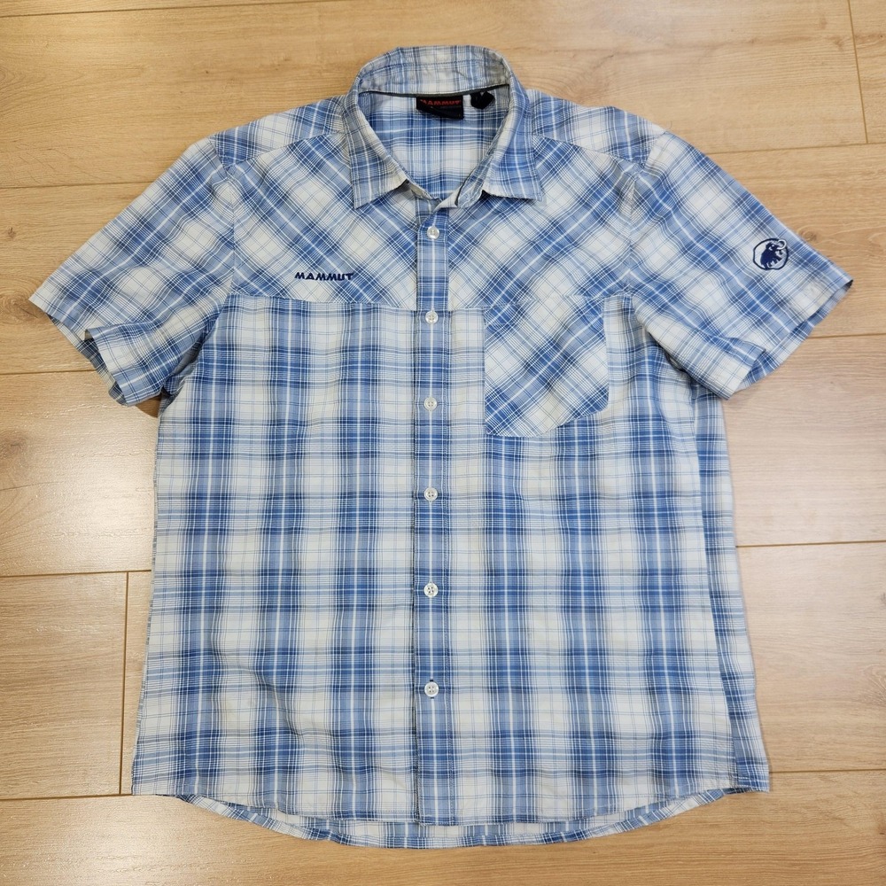 Mammut Shirt Mens Large Blue Plaid Short Sleeve Button Up Hiking Outdoor Casual